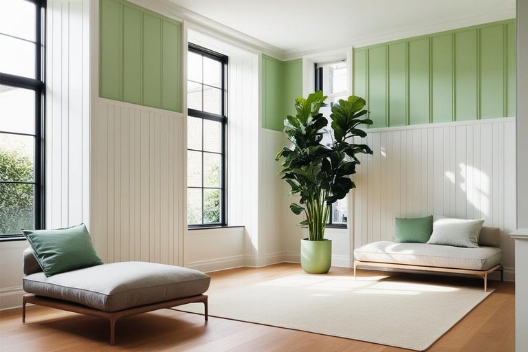 Cameră de zi luminoasă cu mobilier de ședere, covor, plantă de interior și panouri de perete