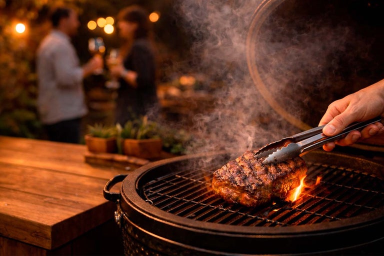 Grătar cu friptură și clește de grătar la petrecerea din grădină