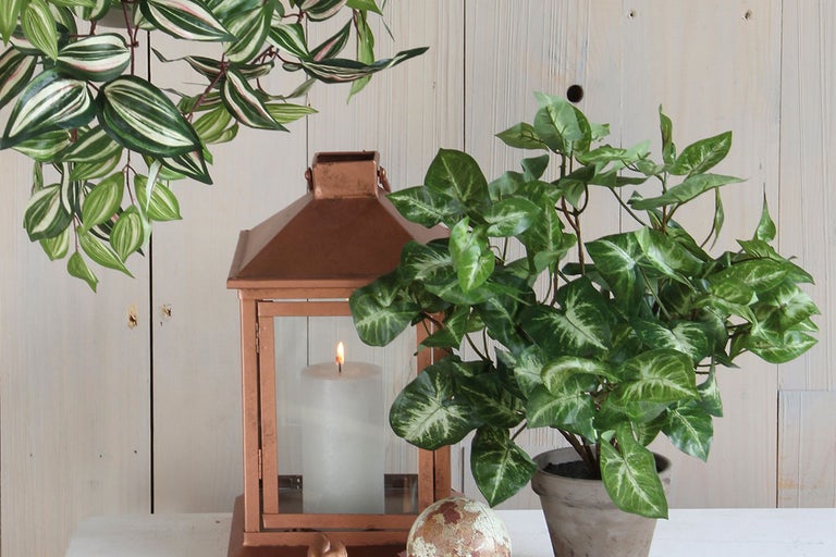 Scenă decorativă cu felinar, lumânare și plante artificiale