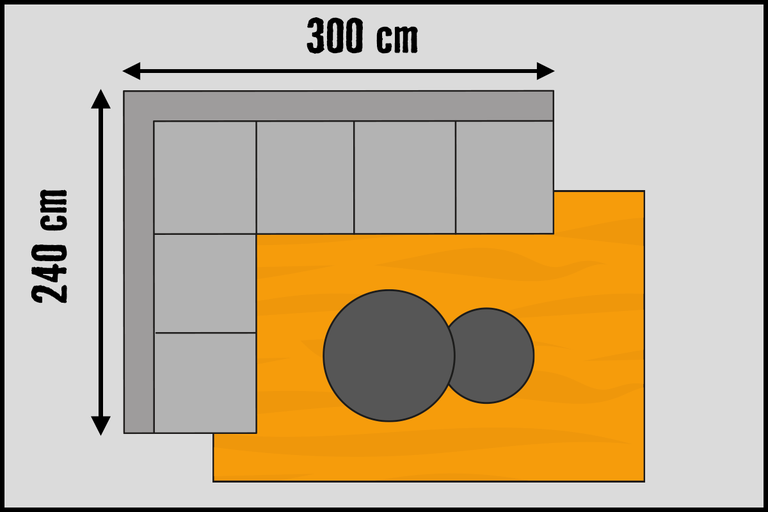 Schiță a unei canapele de colț cu dimensiunile de 300 pe 240 de centimetri