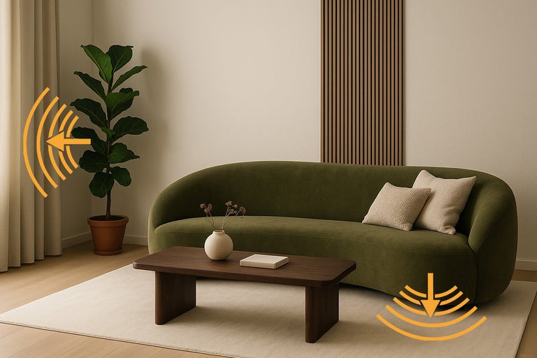 Living cu canapea verde, masă din lemn, plantă de interior și panou acustic