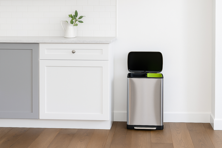 Coș de gunoi din oțel inoxidabil cu acționare cu pedală într-o bucătărie