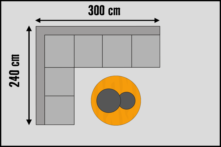 Ilustrație a unei canapele de colț cu dimensiunile de 300 pe 240 de centimetri