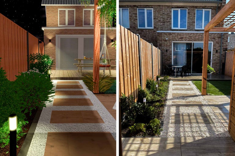 Scenă de grădină cu gard din lemn, potecă de piatră și terasă