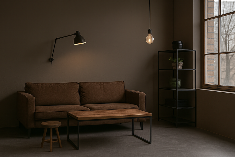 Living cu canapea, masă, taburet, raft și iluminat pentru o atmosferă confortabilă