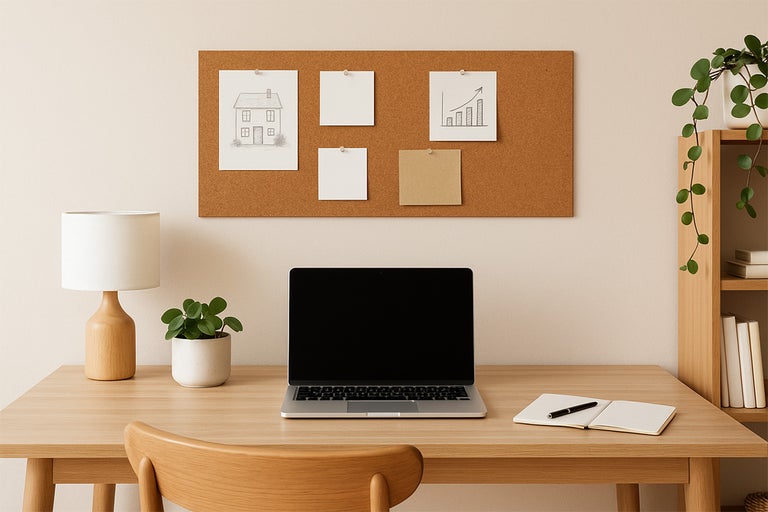 Spațiu de lucru luminos cu birou, laptop, lampă, panou de plută și plante pentru o atmosferă organizată și prietenoasă.