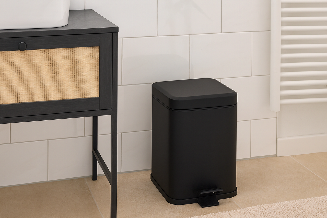 Scenă de baie cu dulap de lavoar și coș de gunoi cu pedală