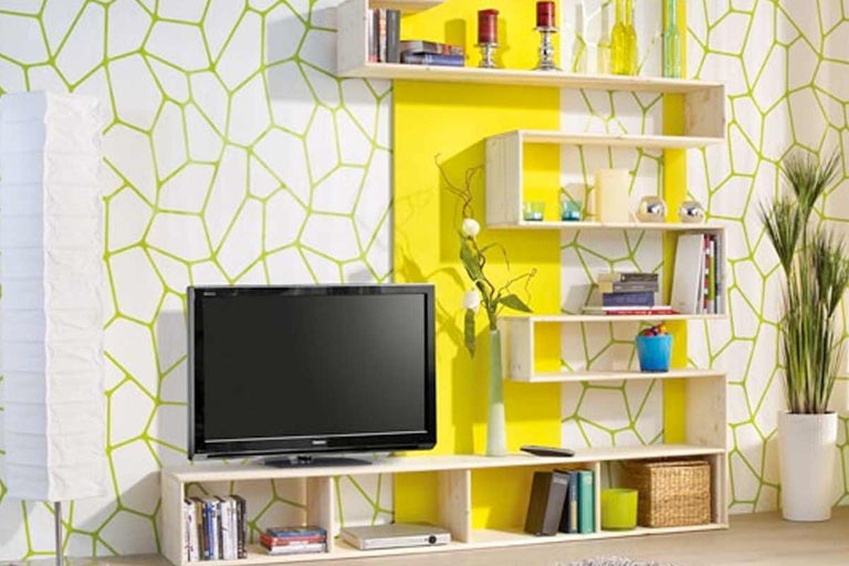 Cameră de zi cu televizor, rafturi și perete decorativ