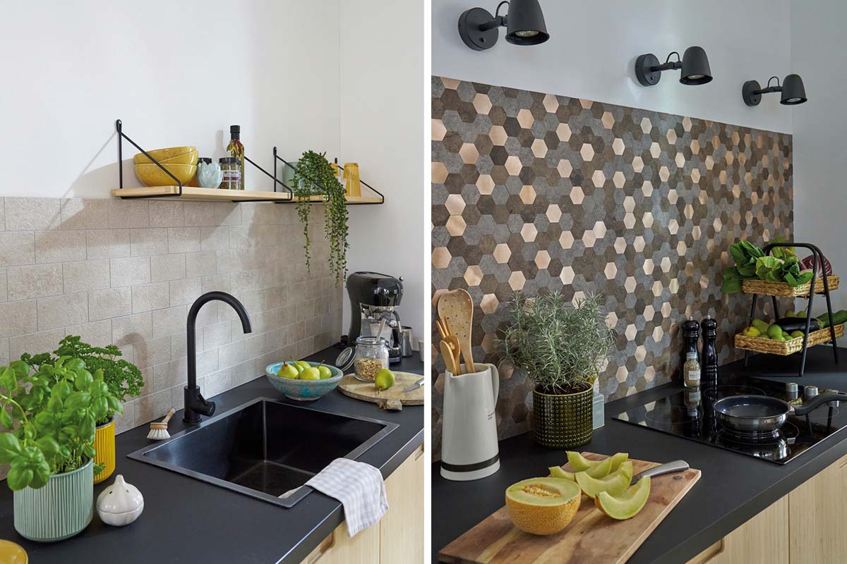 Scenă de bucătărie cu chiuvetă, robinet, rafturi și elemente decorative.