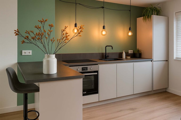 Bucătărie modernă cu insulă de gătit, lămpi suspendate și decor elegant.