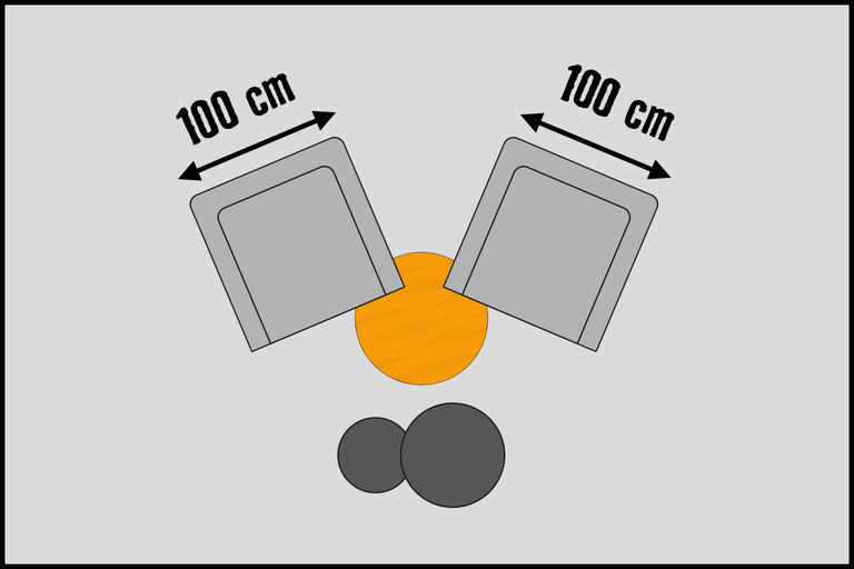 Ilustrație cu două scaune de 100 de centimetri, o masă și două taburete.