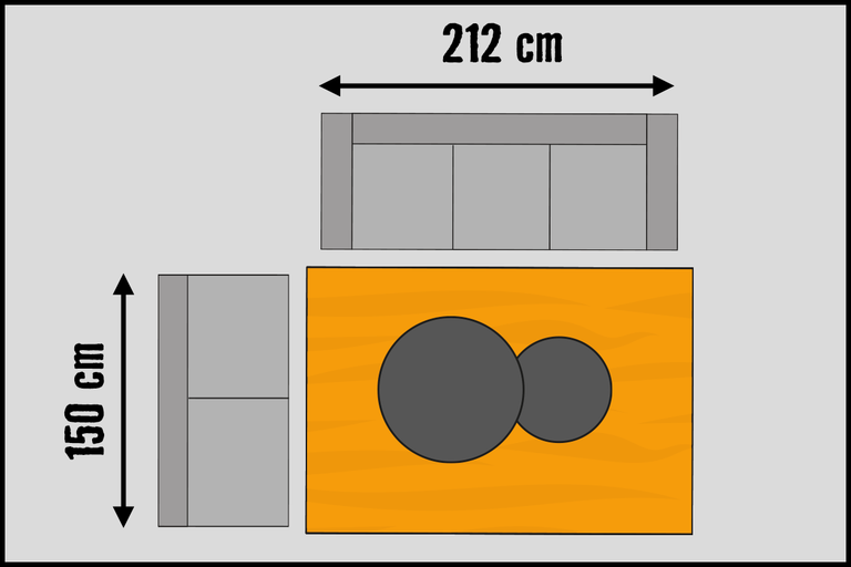 Ilustrație cu o canapea cu dimensiunile de 212 pe 150 centimetri.