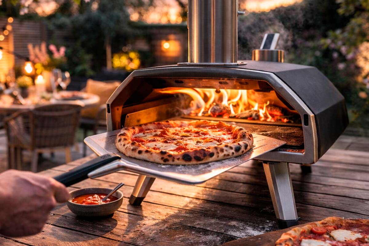 Pizza în cuptor de pizza cu foc de lemne pe o lopată de pizza
