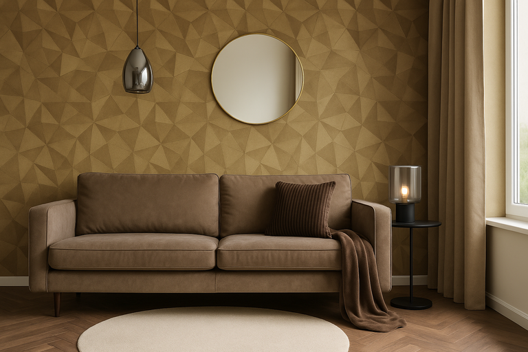 Sufragerie cu canapea, oglindă rotundă, tapet geometric și lampadar