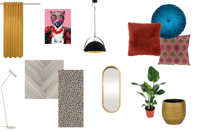 Prezentare de produse cu draperie, perne decorative, tablou, lampă suspendată, lampă de podea, oglindă, plantă de interior și acoperire de podea