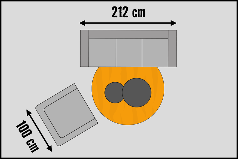 Vedere de sus a unei camere de zi cu canapea, masă și fotoliu cu dimensiunile de 212 cm și 100 cm