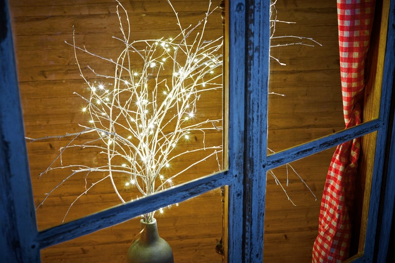 Crenguțe decorative iluminate într-o vază, vizibile printr-o fereastră