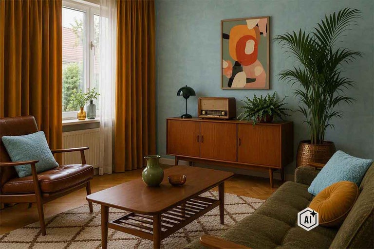 Living în stilul mijlocului de secol cu mobilier din lemn, fotoliu, canapea, decorațiuni și plantă în ghiveci în fața unui perete albastru.