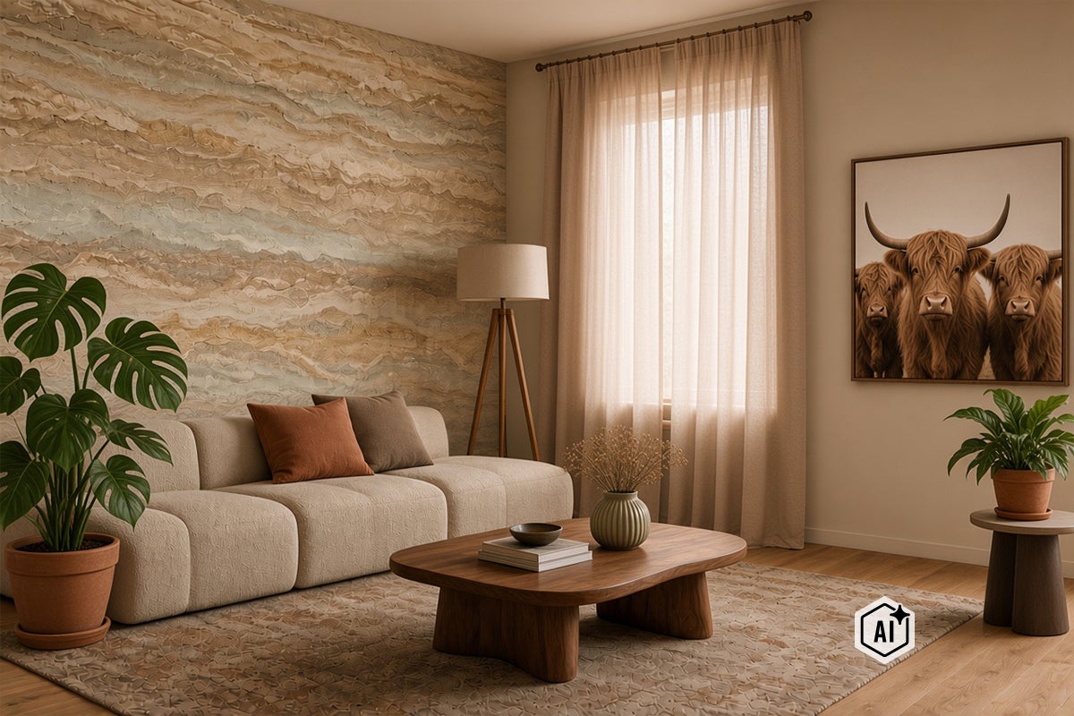 Living cu canapea modernă, măsuță de cafea din lemn, tapet cu textură și un tablou cu vaci din rasa highland ca design interior.