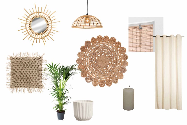 Aranjament decorativ al camerei cu oglindă, lampă, covor, pernă, plantă, ghiveci, lumânare, perdea și jaluzea