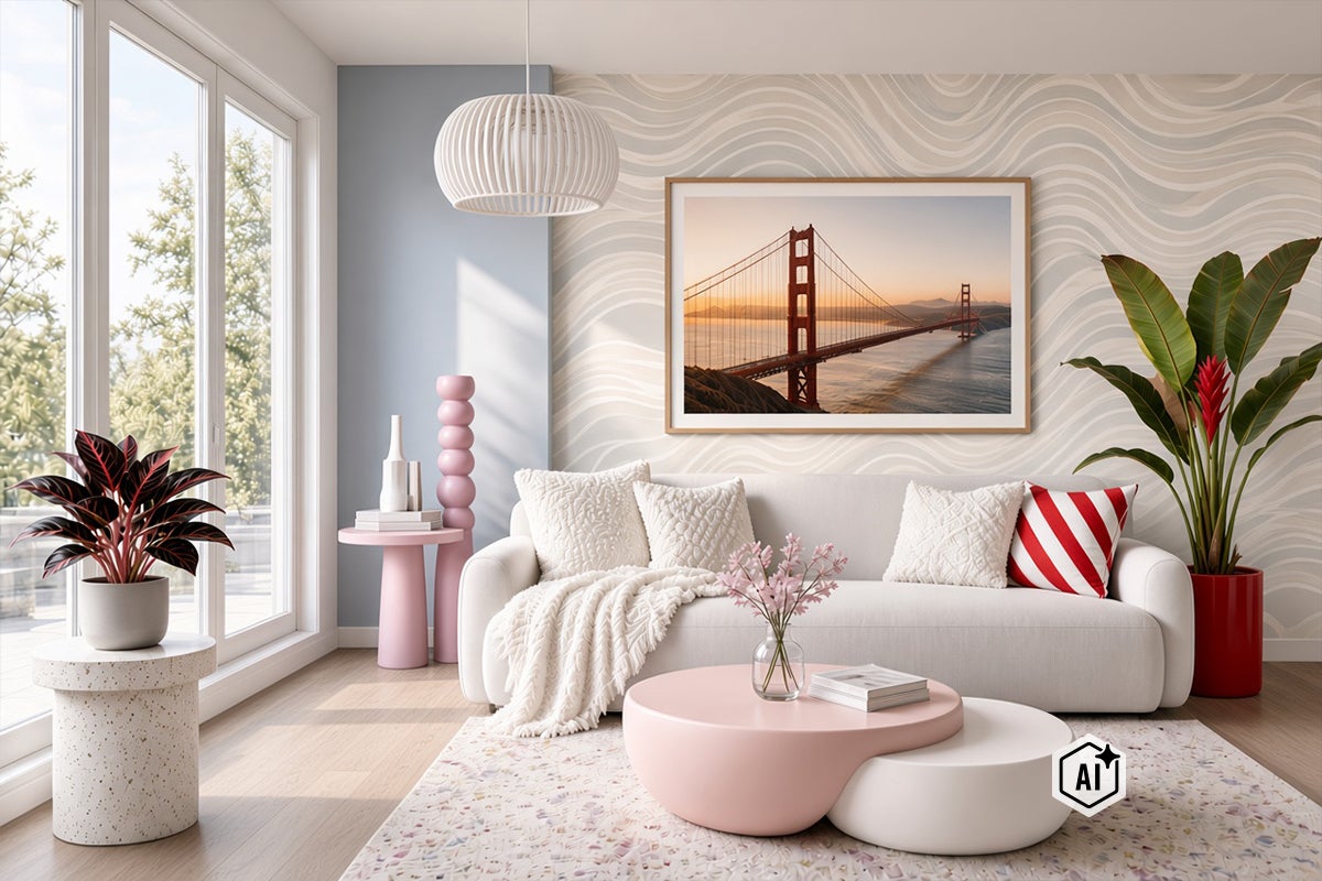 Living modern cu canapea deschisă la culoare, tapet cu model ondulat, măsuțe de cafea rotunde și tablou cu Golden Gate Bridge într-o cameră luminoasă.
