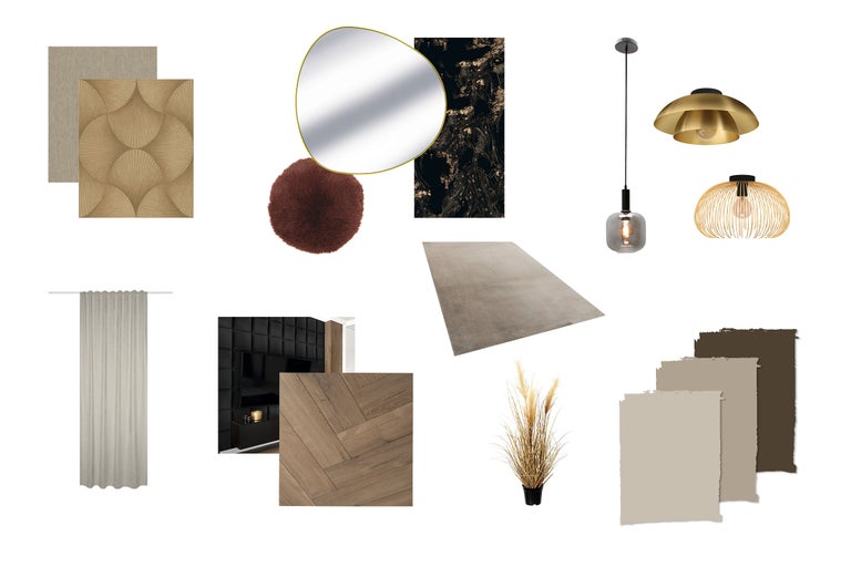 Moodboard cu mobilier și decorațiuni pentru design interior