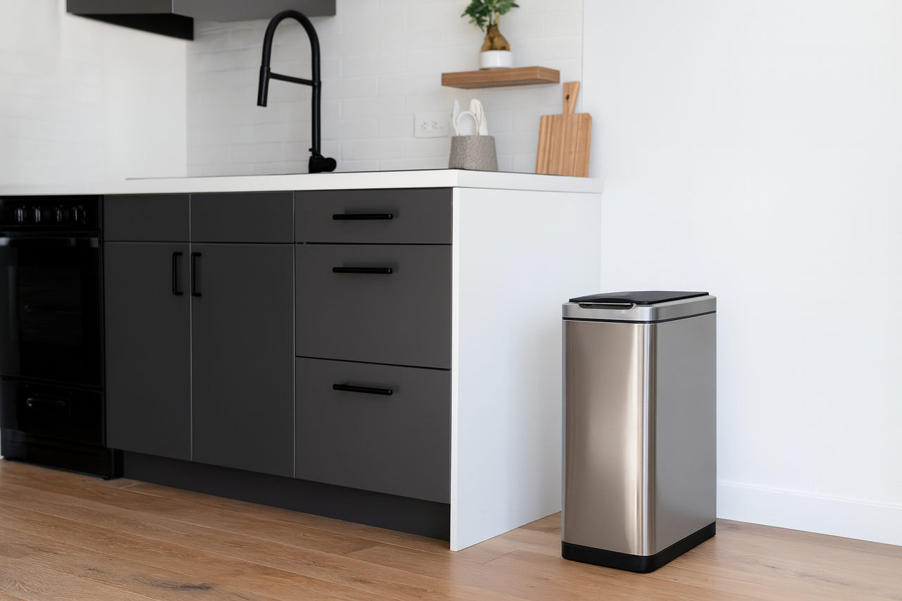 Bucătărie modernă cu coș de gunoi din oțel inoxidabil