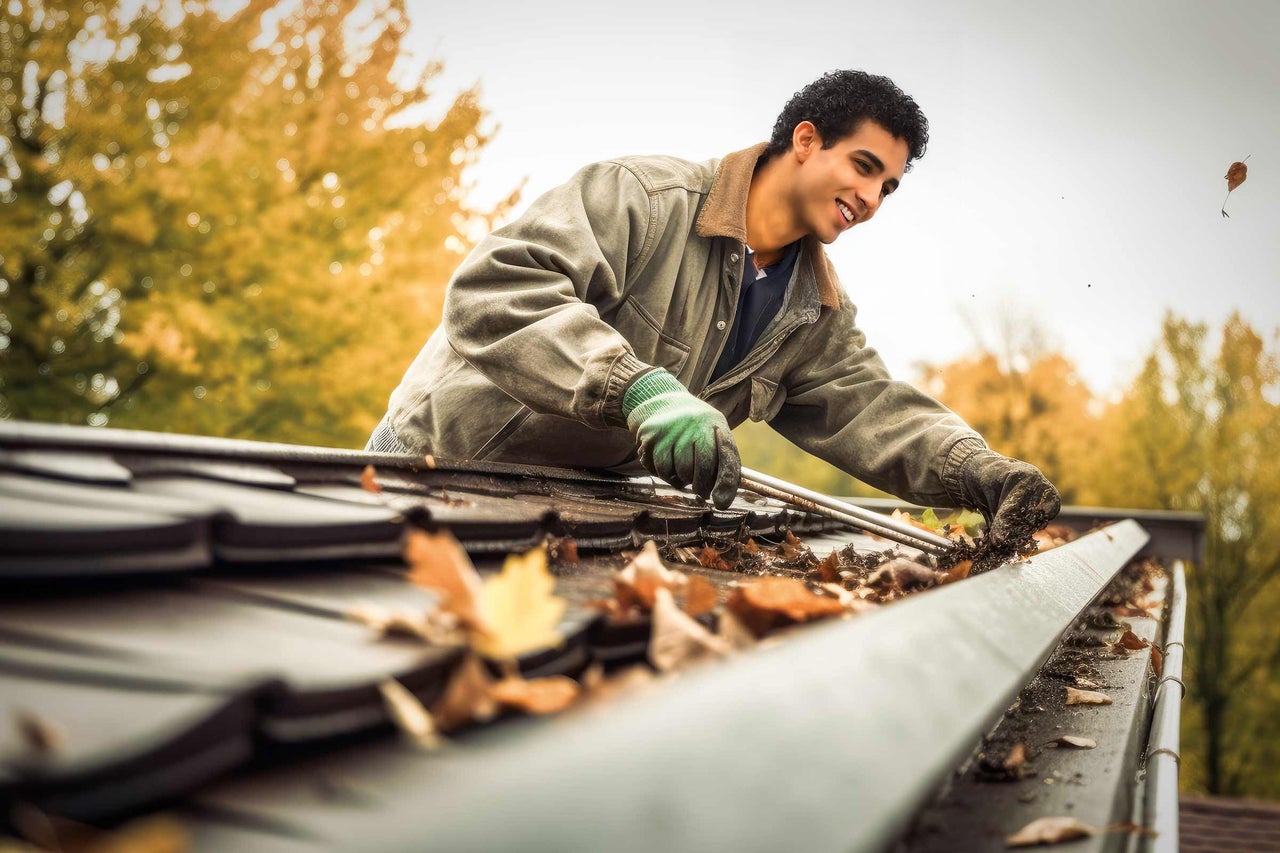 Un bărbat curăță jgheabul de frunze și murdărie.