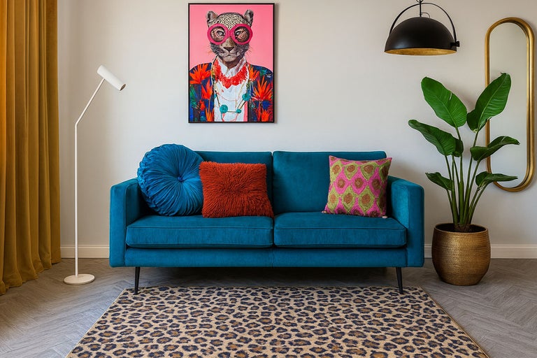 Living cu canapea, covor cu model animal și elemente decorative, cum ar fi un poster și plante.