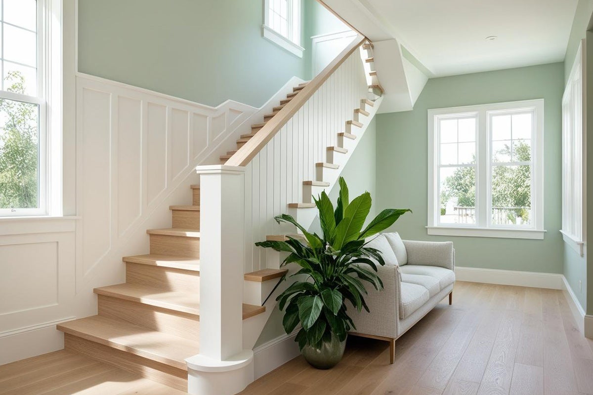 Hol de intrare luminos cu scară din lemn, balustradă albă, bancă și plantă de interior