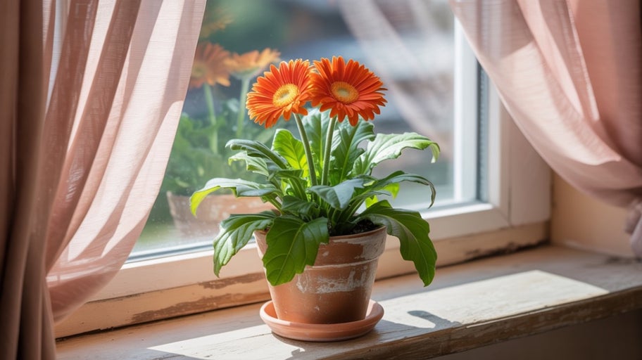 Plantă Gerbera în ghiveci pe un pervaz