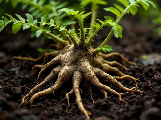 Prim-plan cu o plantă cu rădăcini expuse în sol.