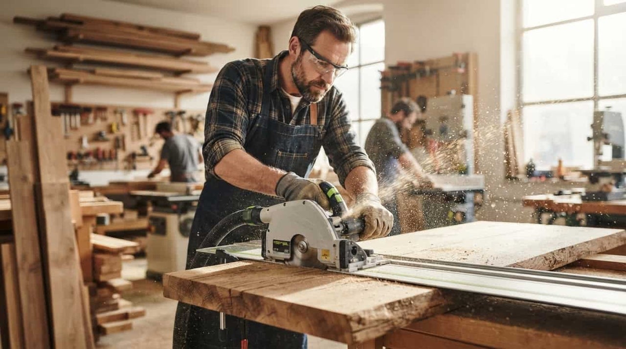 Un artizan cu ochelari de protecție taie o placă de lemn cu un ferăstrău circular cu incizie și șină de ghidare într-un atelier luminos.
