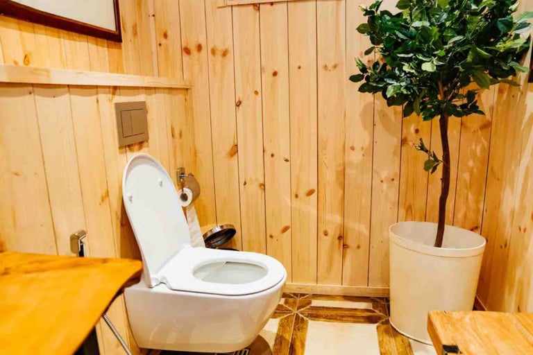 Baie cu un vas de WC suspendat alb în fața unui lambriu din lemn deschis și o plantă artificială mare într-un ghiveci alb.