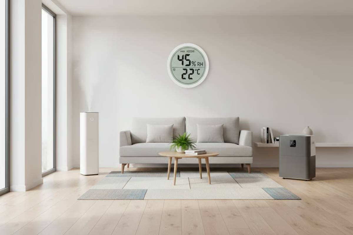 Cameră de zi cu umidificator, canapea și termometru rotund