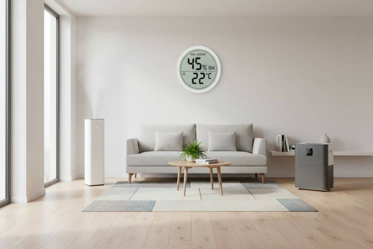 Cameră de zi cu umidificator, canapea și termometru rotund