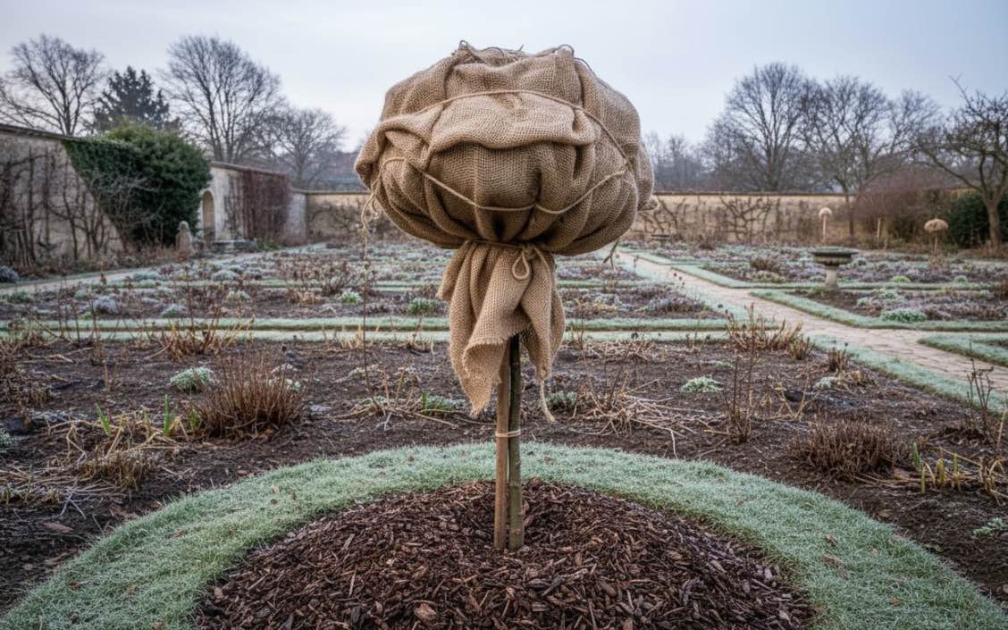 Copac cu protecție de iarnă într-o grădină