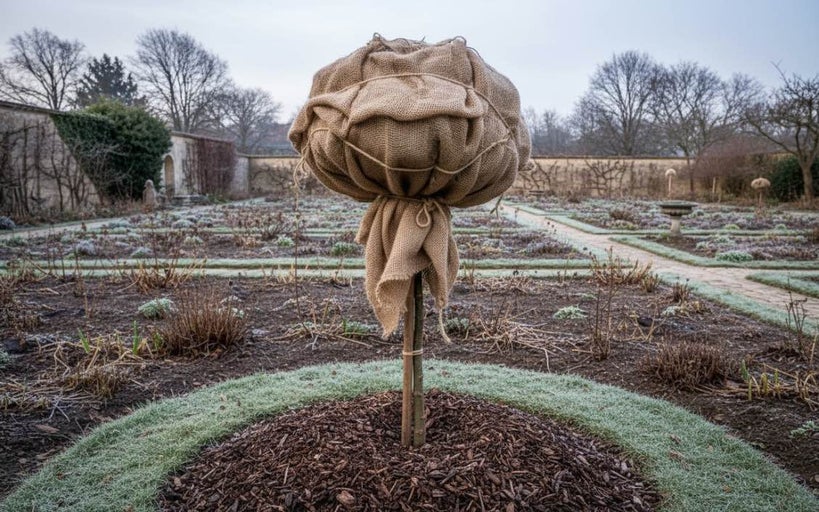 Copac cu protecție de iarnă într-o grădină