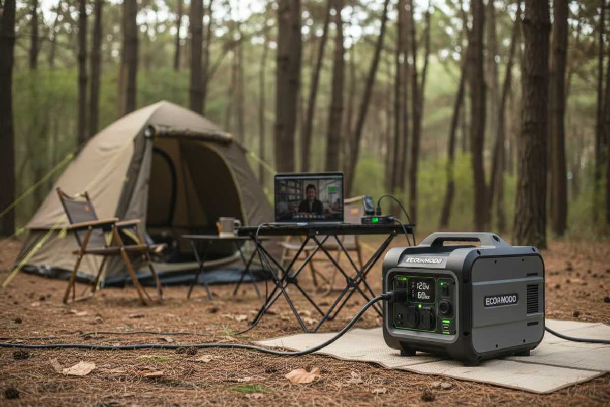 Scenă în pădure cu cort, scaun pliabil, masă, laptop și stație electrică portabilă