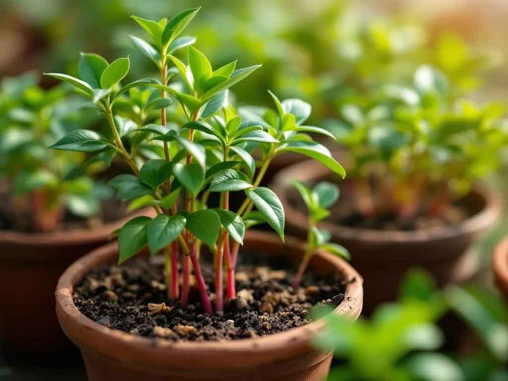 Plante tinere în ghivece de teracotă pe pervazul ferestrei