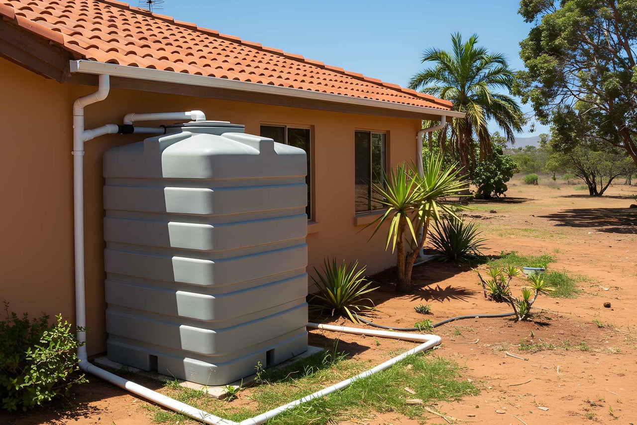 Rezervor gri pentru apa de ploaie lângă o casă cu acoperiș roșu din țiglă și jgheab alb