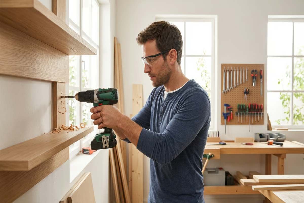 Bărbat găurind o poliță de lemn cu o bormașină într-un atelier.