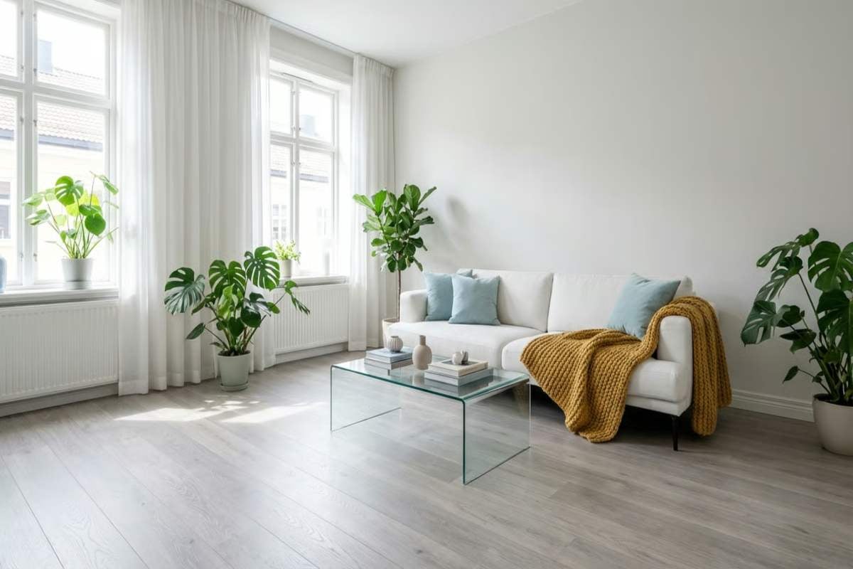 Cameră de zi luminoasă cu canapea, masă de sticlă și plante de interior