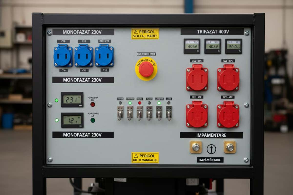 Generator de curent cu conexiuni pentru curent alternativ monofazat de 230 volți și curent trifazat de 400 volți
