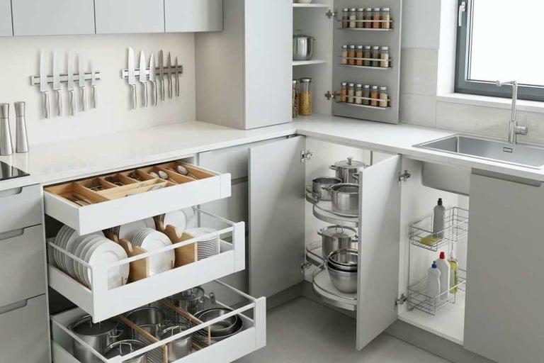 Bucătărie modernă luminoasă cu soluții de depozitare: sertare pentru tacâmuri și farfurii, carusel de colț și coș sub chiuvetă.