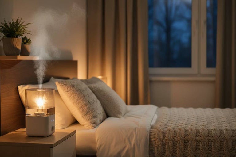 Dormitor cu umidificator pe noptieră