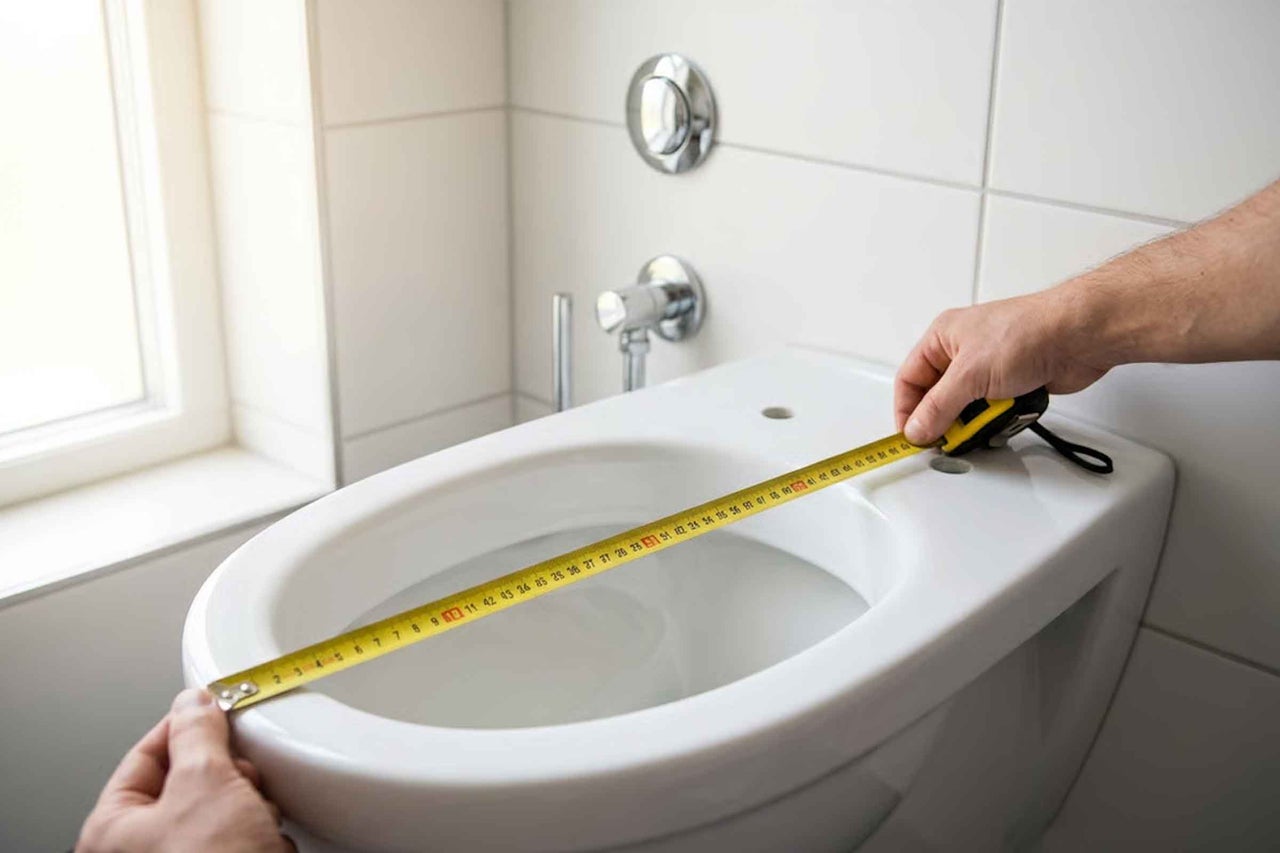 O persoană măsoară lungimea unui vas de toaletă alb cu o ruletă într-o baie luminoasă.