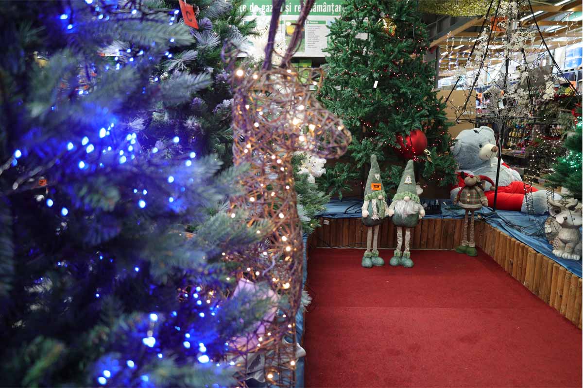 Brazi de Crăciun decorați și decorațiuni de Crăciun într-un magazin Hornbach.