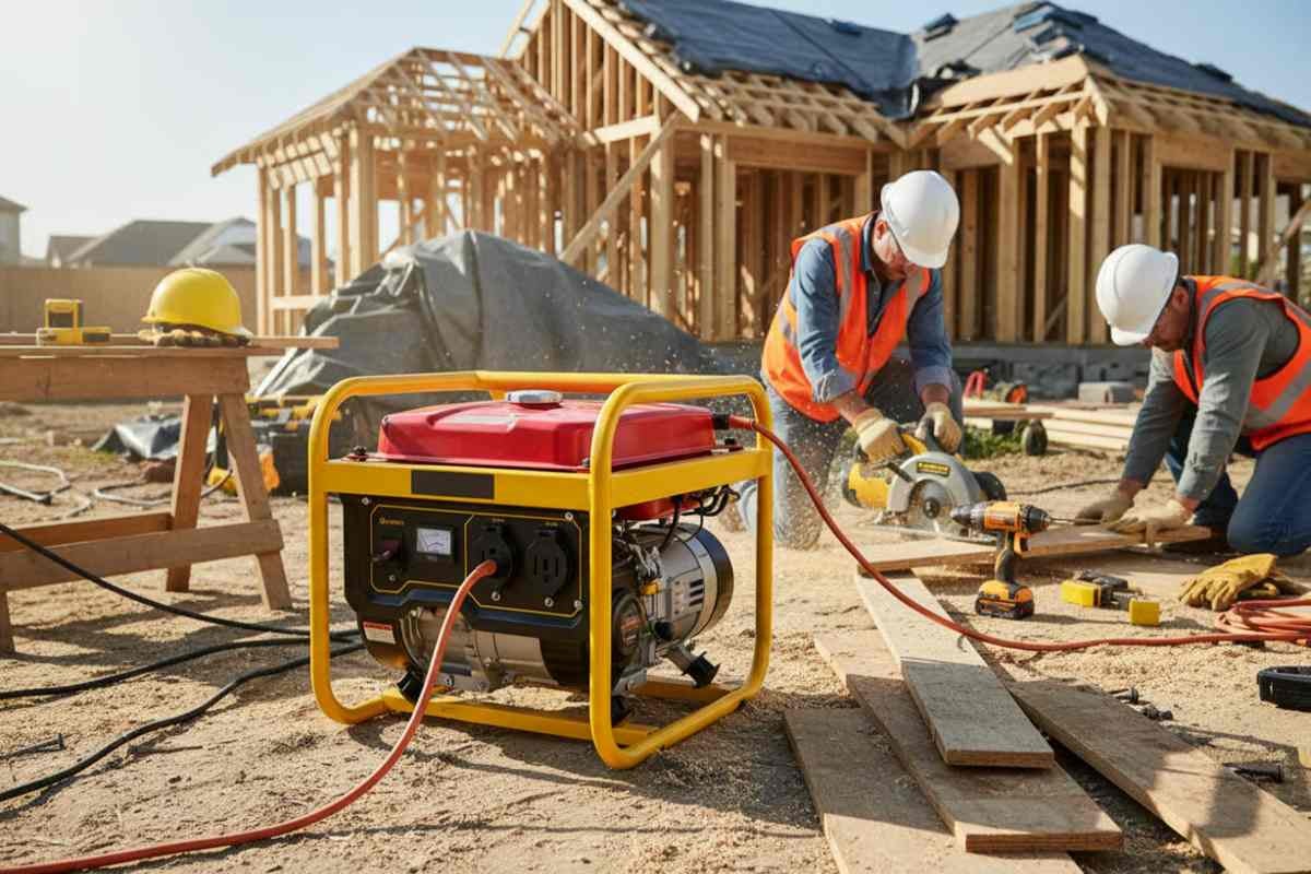 Doi muncitori în construcții taie lemn cu un generator electric galben în prim plan pe un șantier.