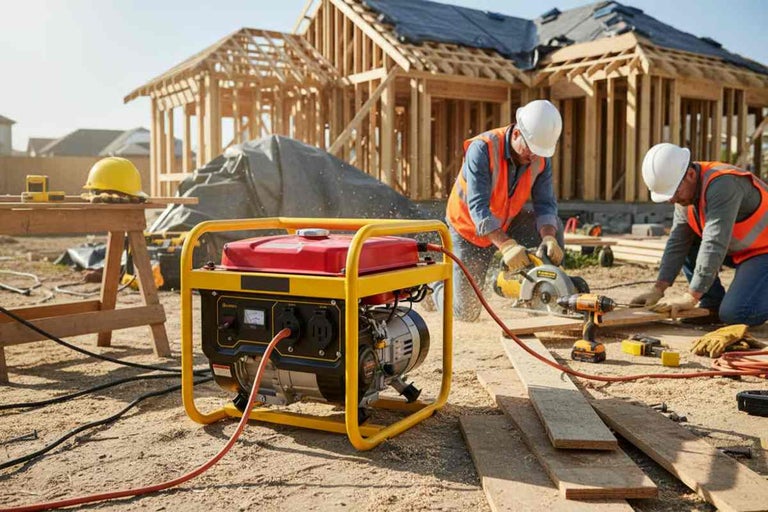 Doi muncitori în construcții taie lemn cu un generator electric galben în prim plan pe un șantier.